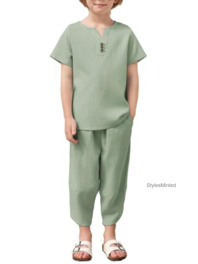 Boys 2 Piece Cotton Linen Henley Shirt And Harem Capri Pants Set